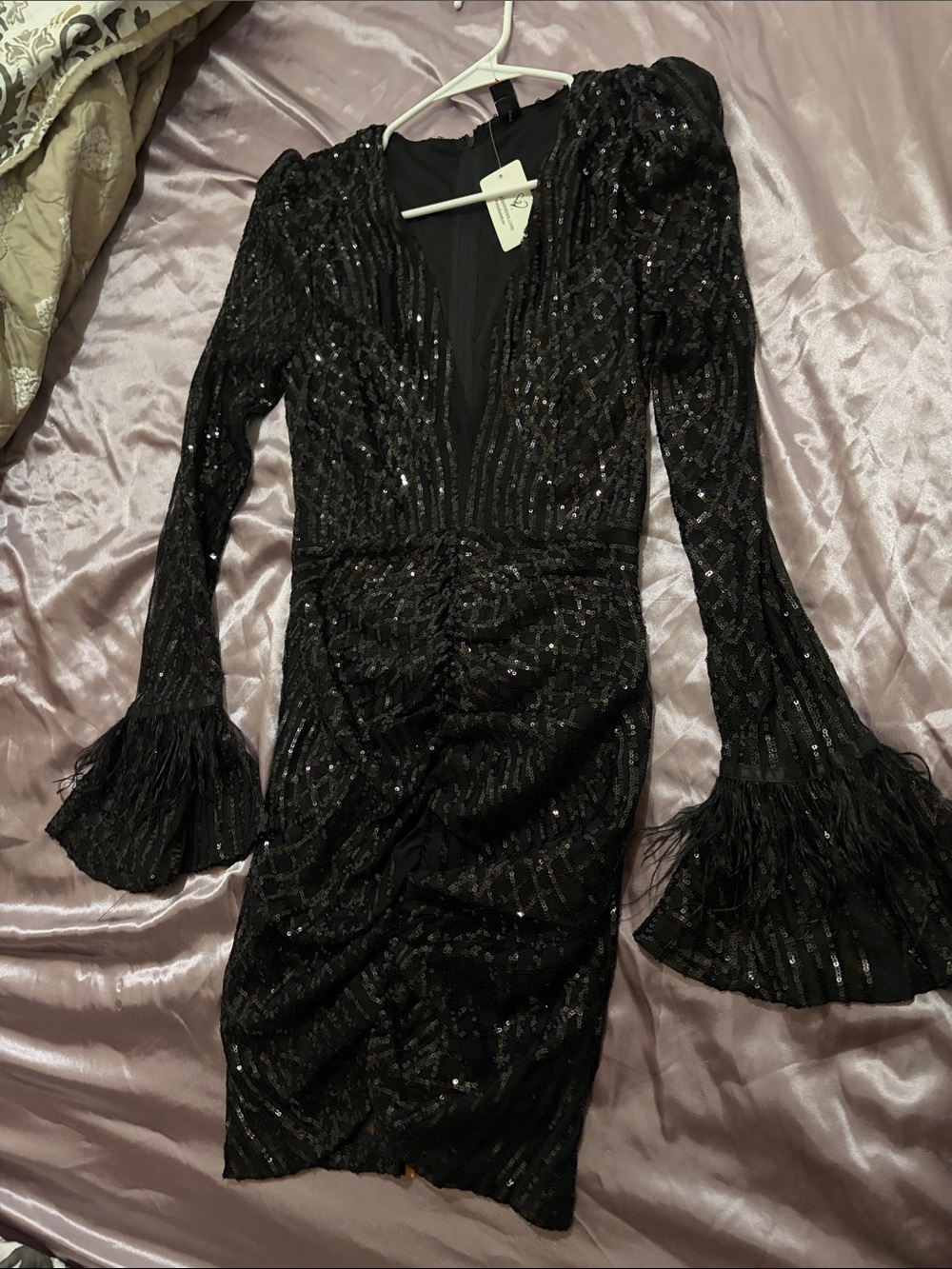 Windsor Black Sequin Mini Dress with Fringe Bell Sleeves